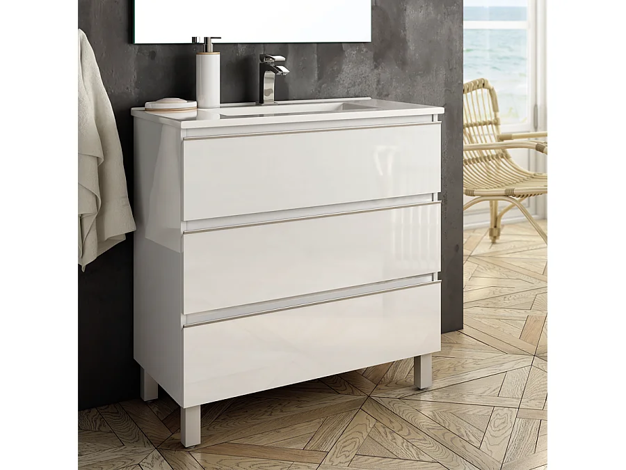 Meuble de salle de bain simple vasque - 3 tiroirs - PALMA et miroir Led VELDI - blanc - 80cm