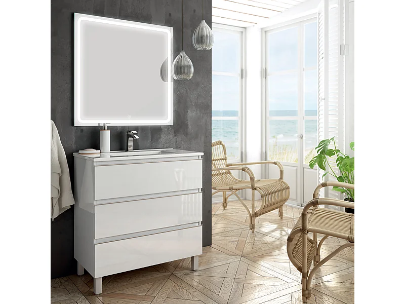Meuble de salle de bain simple vasque - 3 tiroirs - PALMA et miroir Led VELDI - blanc - 80cm