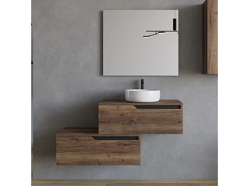 Meuble de salle de bain 120cm avec vasque à poser ronde - 2 tiroirs - tabaco (bois foncé) - CADIX