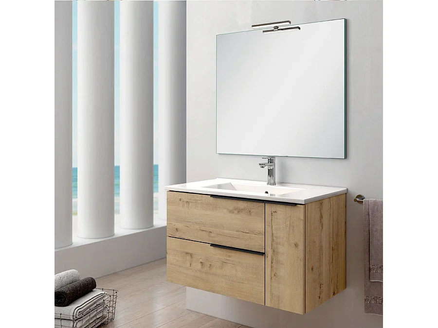 Meuble de salle de bain 80cm vasque centrée - 2 tiroirs - KING - Roble (chêne clair)