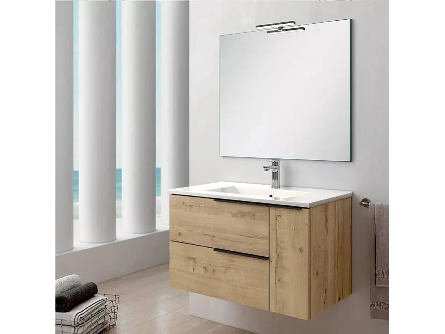 Meuble de salle de bain 80cm vasque centrée - 2 tiroirs - KING - Roble (chêne clair)