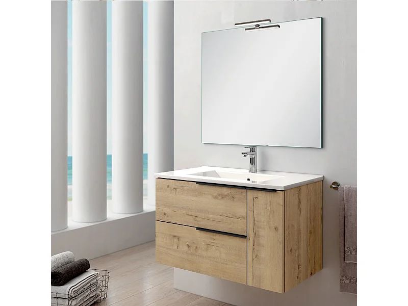 Meuble de salle de bain 80cm vasque centrée - 2 tiroirs - KING - Roble (chêne clair)