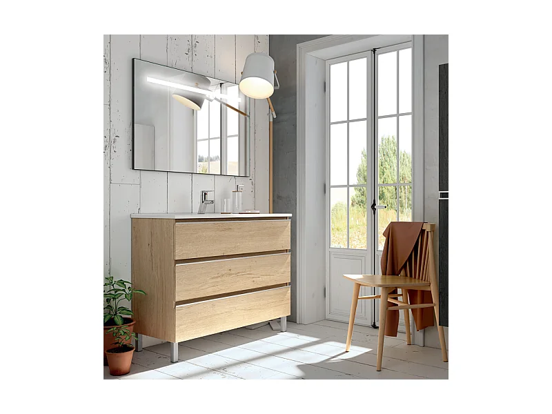 Meuble de salle de bain simple vasque - 3 tiroirs - PALMA et miroir Led STAM - bambou (chêne clair) - 80cm