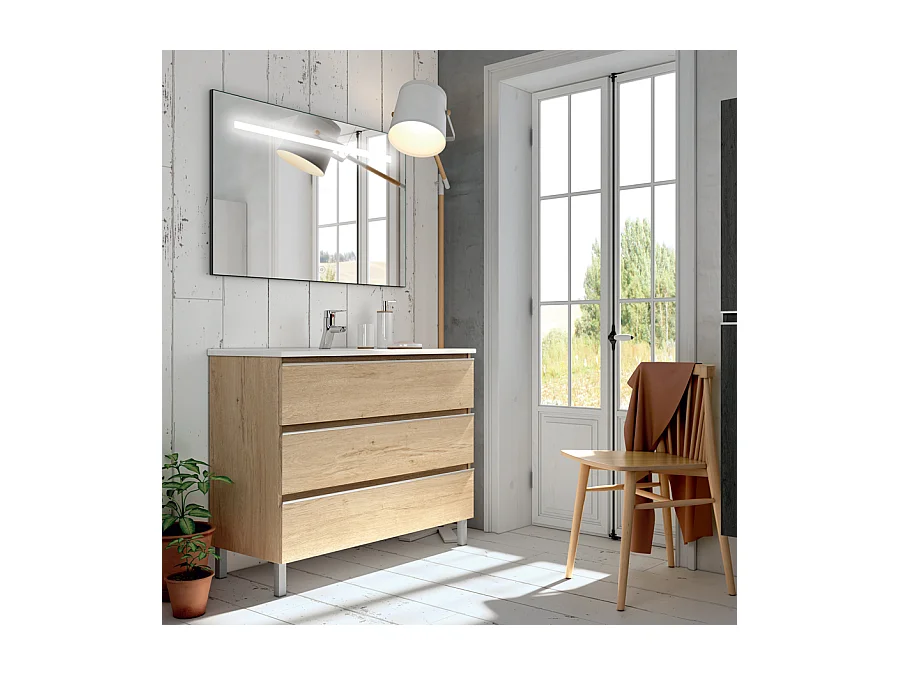 Meuble de salle de bain simple vasque - 3 tiroirs - PALMA et miroir Led STAM - bambou (chêne clair) - 80cm