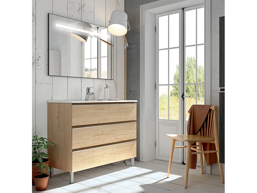 Meuble de salle de bain simple vasque - 3 tiroirs - PALMA et miroir Led STAM - bambou (chêne clair) - 80cm