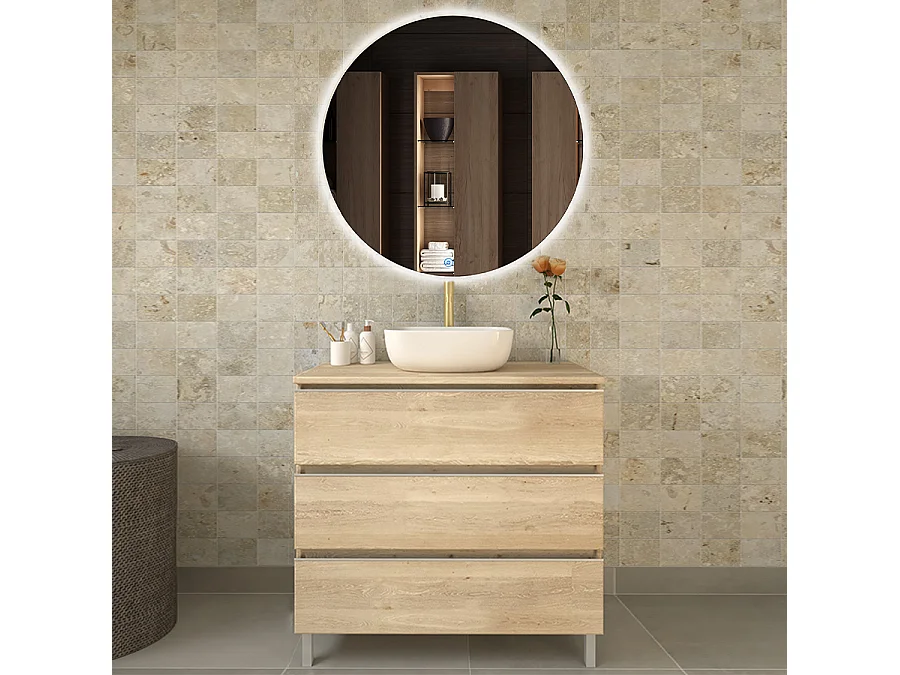 Meuble de salle de bain avec vasque à poser arrondie PALMA et miroir Led SOLEN - Bambou (chêne clair) - 70cm