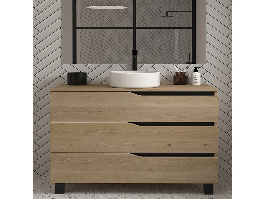 Meuble de salle de bain 120 avec plateau et vasque à poser - sans miroir - 3 tiroirs - madera miel (bois clair) - MATA