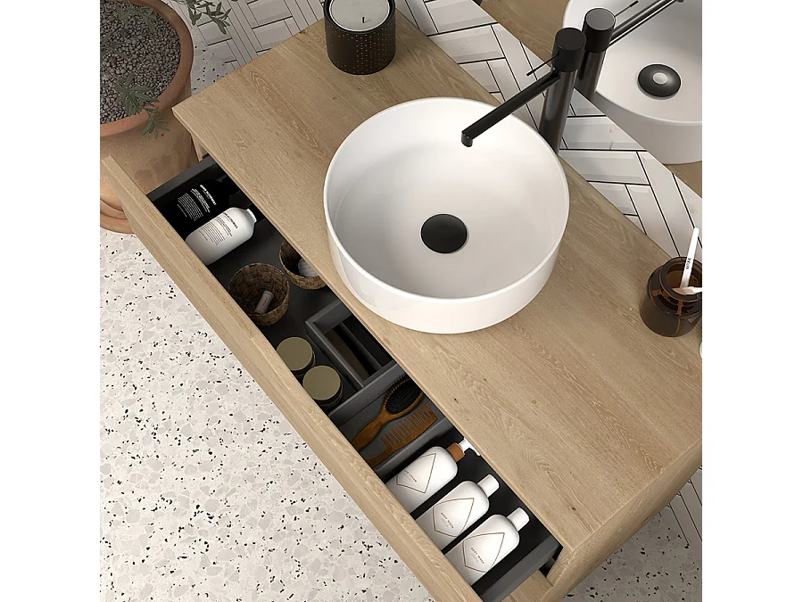 Meuble de salle de bain 120 avec plateau et vasque à poser - sans miroir - 3 tiroirs - madera miel (bois clair) - MATA
