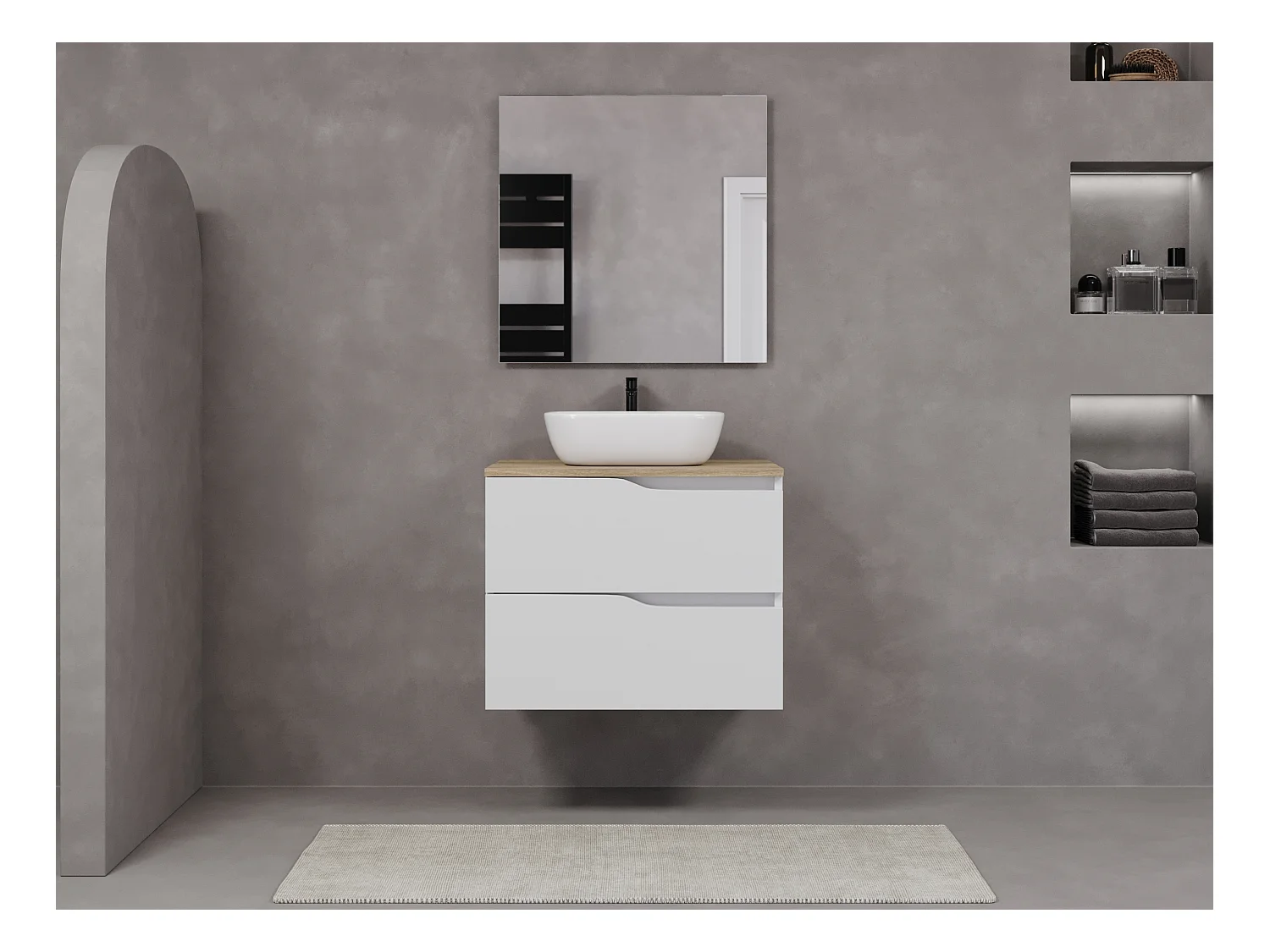 Meuble de salle de bain 100cm avec plateau miel et vasque à poser zeus - 2 tiroirs - blanc - LUNA