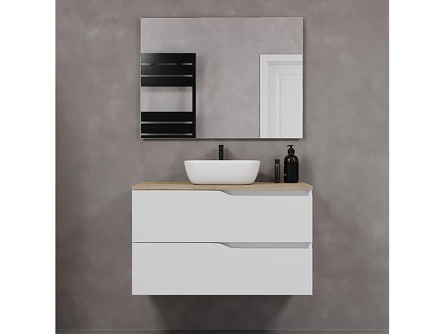 Meuble de salle de bain 100cm avec plateau miel et vasque à poser zeus - 2 tiroirs - blanc - LUNA