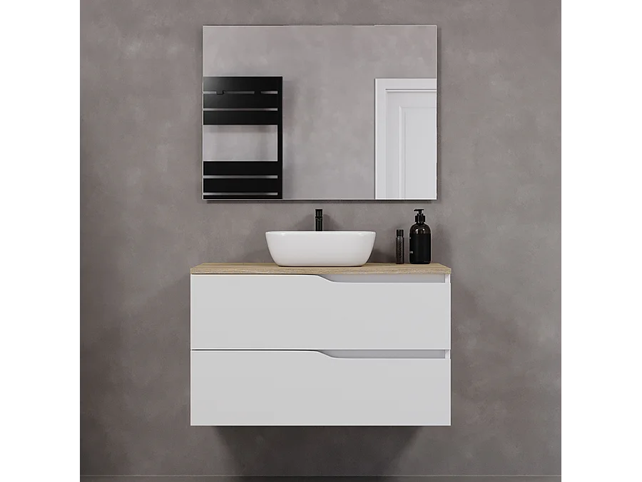 Meuble de salle de bain 100cm avec plateau miel et vasque à poser zeus - 2 tiroirs - blanc - LUNA