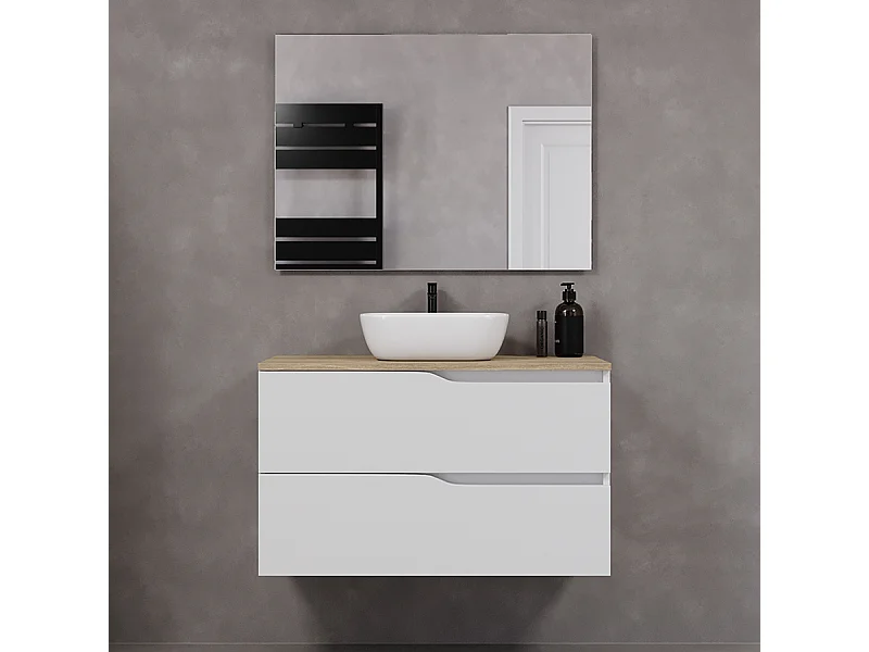 Meuble de salle de bain 100cm avec plateau miel et vasque à poser zeus - 2 tiroirs - blanc - LUNA