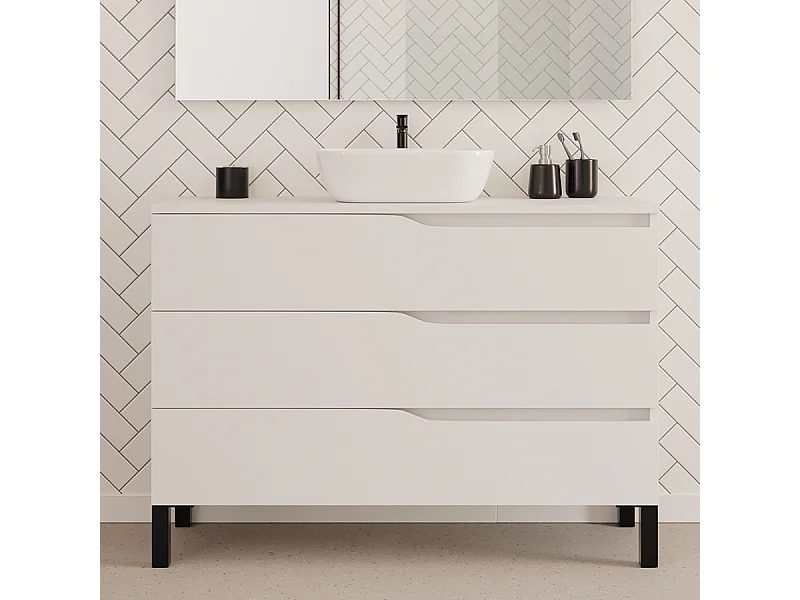 Meuble de salle de bain 120cm avec plateau et vasque à poser zeus - 3 tiroirs - sans miroir - blanc - MATA