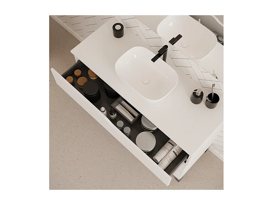 Meuble de salle de bain 120cm avec plateau et vasque à poser zeus - 3 tiroirs - sans miroir - blanc - MATA