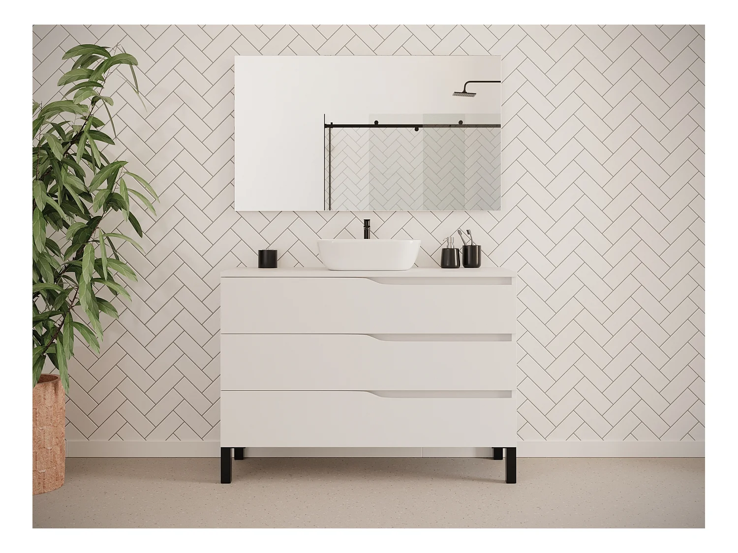 Meuble de salle de bain 120cm avec plateau et vasque à poser zeus - 3 tiroirs - sans miroir - blanc - MATA
