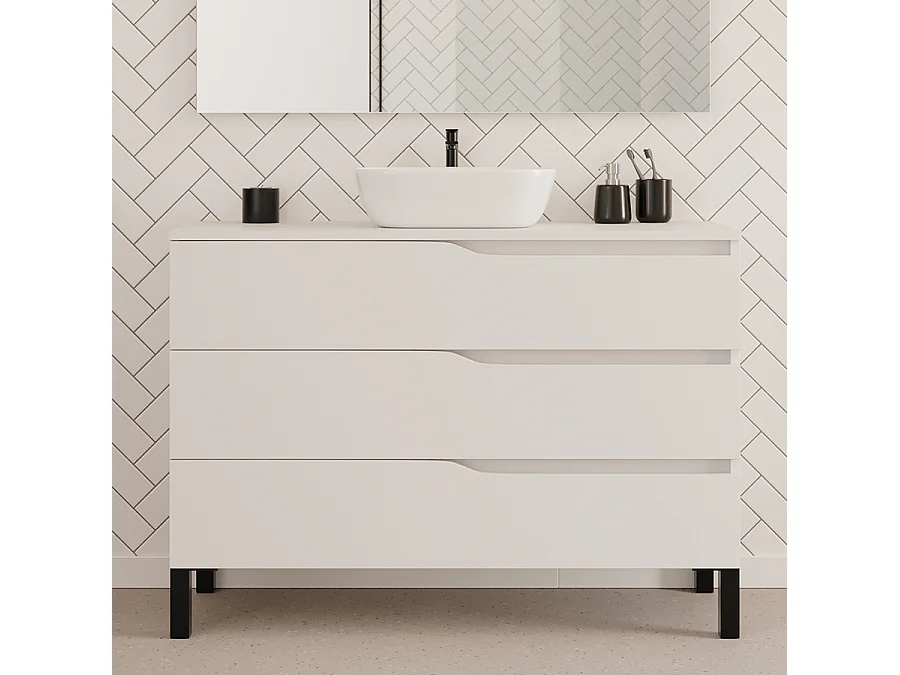 Meuble de salle de bain 120cm avec plateau et vasque à poser zeus - 3 tiroirs - sans miroir - blanc - MATA