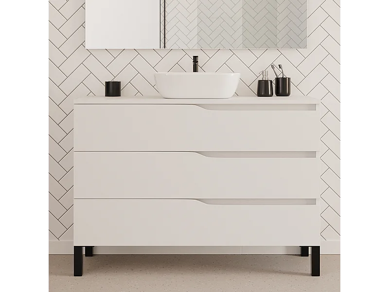 Meuble de salle de bain 120cm avec plateau et vasque à poser zeus - 3 tiroirs - sans miroir - blanc - MATA