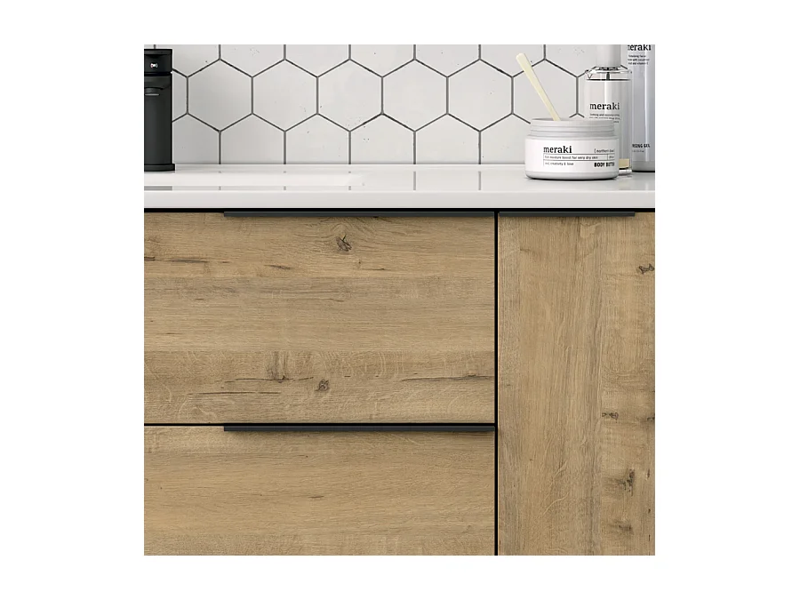 Meuble de salle de bain 100 cm vasque déportée - 2 tiroirs - sans miroir - roble (chêne clair) - KING