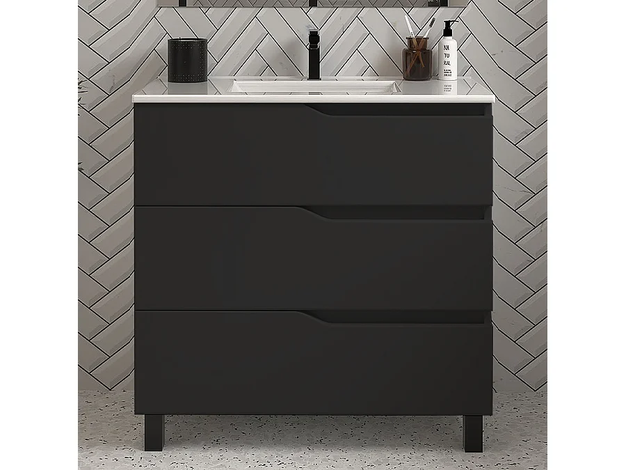 Meuble de salle de bain 60cm simple vasque - 3 tiroirs - noir - MATA