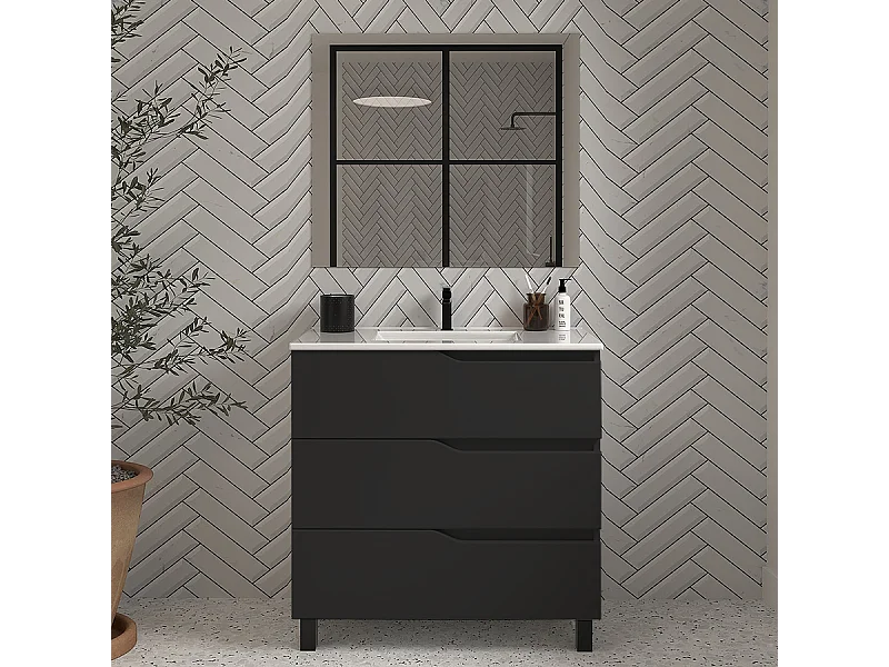 Meuble de salle de bain 60cm simple vasque - 3 tiroirs - noir - MATA