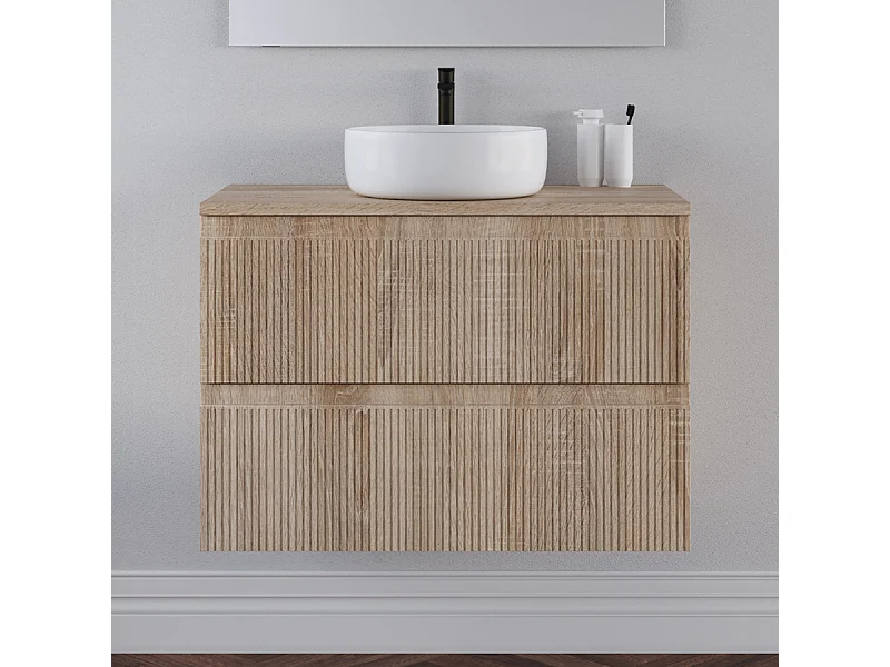Meuble de salle de bain 80cm avec plateau et vasque à poser ronde - sans miroir - 2 tiroirs - cambrian (chêne clair) - RIBERA