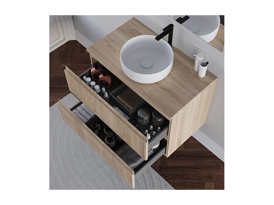 Meuble de salle de bain 80cm avec plateau et vasque à poser ronde - sans miroir - 2 tiroirs - cambrian (chêne clair) - RIBERA