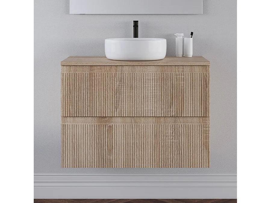 Meuble de salle de bain 80cm avec plateau et vasque à poser ronde - sans miroir - 2 tiroirs - cambrian (chêne clair) - RIBERA