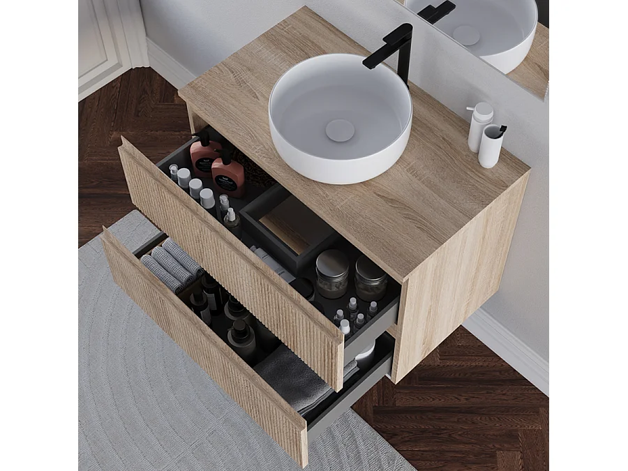 Meuble de salle de bain 80cm avec plateau et vasque à poser ronde - sans miroir - 2 tiroirs - cambrian (chêne clair) - RIBERA