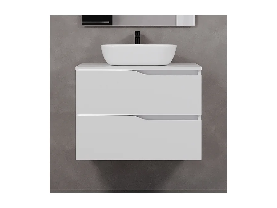 Meuble de salle de bain 80cm avec plateau miel et vasque à poser zeus - 2 tiroirs - blanc - LUNA