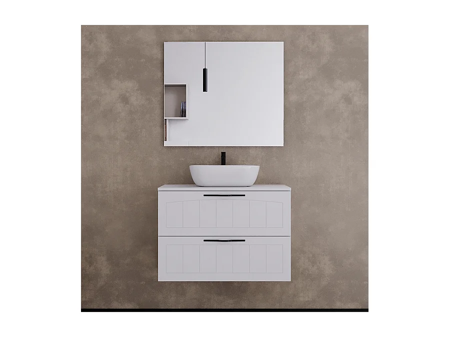 Meuble de salle de bain 70cm avec plateau et vasque à poser ovale - 2 tiroirs - blanc - PIA