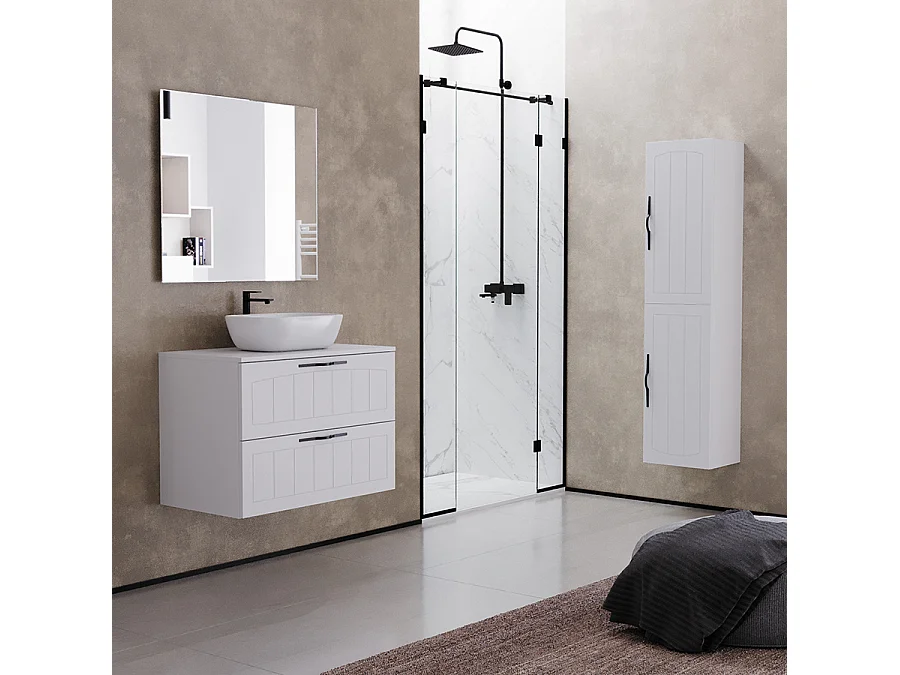 Meuble de salle de bain 70cm avec plateau et vasque à poser ovale - 2 tiroirs - blanc - PIA