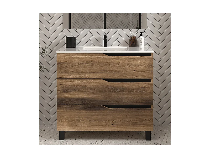 Meuble de salle de bain 70cm simple vasque - 3 tiroirs - sans miroir - tabaco (bois foncé) - MATA