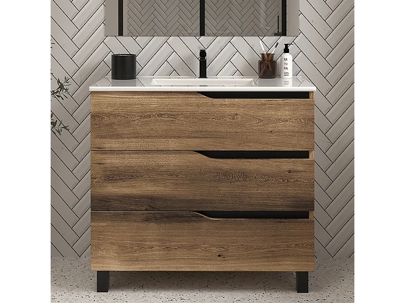 Meuble de salle de bain 70cm simple vasque - 3 tiroirs - sans miroir - tabaco (bois foncé) - MATA