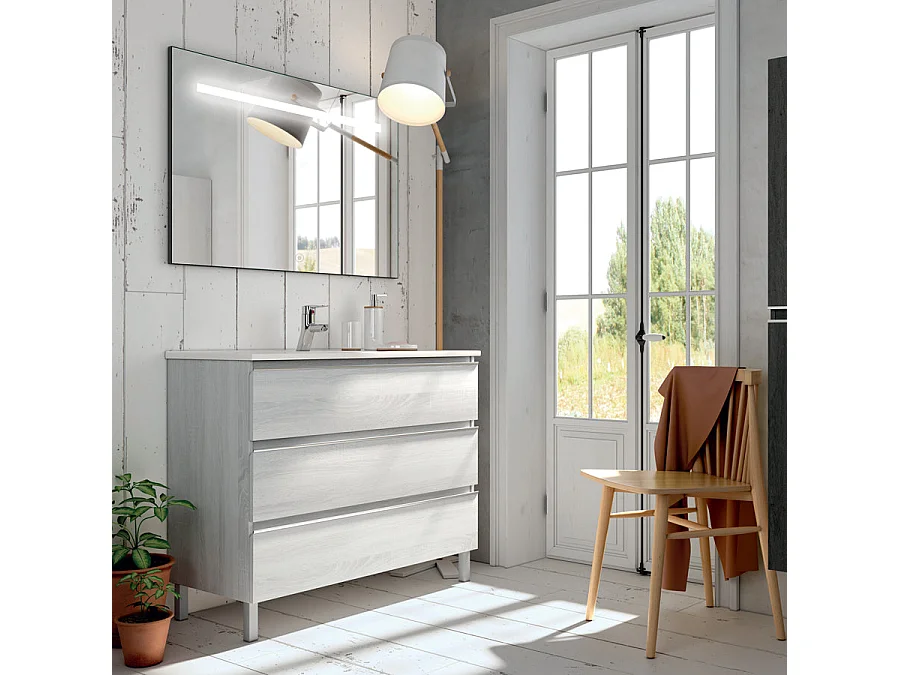 Meuble de salle de bain simple vasque - 3 tiroirs - PALMA et miroir Led STAM - hibernian (bois blanchi) - 80cm