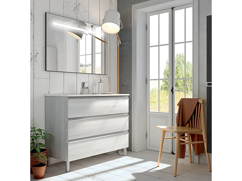 Meuble de salle de bain simple vasque - 3 tiroirs - PALMA et miroir Led STAM - hibernian (bois blanchi) - 80cm