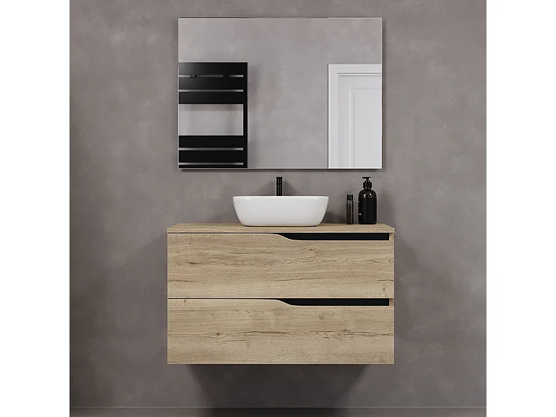 Meuble de salle de bain 90cm avec plateau et vasque à poser zeus - 2 tiroirs - madera miel (chêne clair) - LUNA