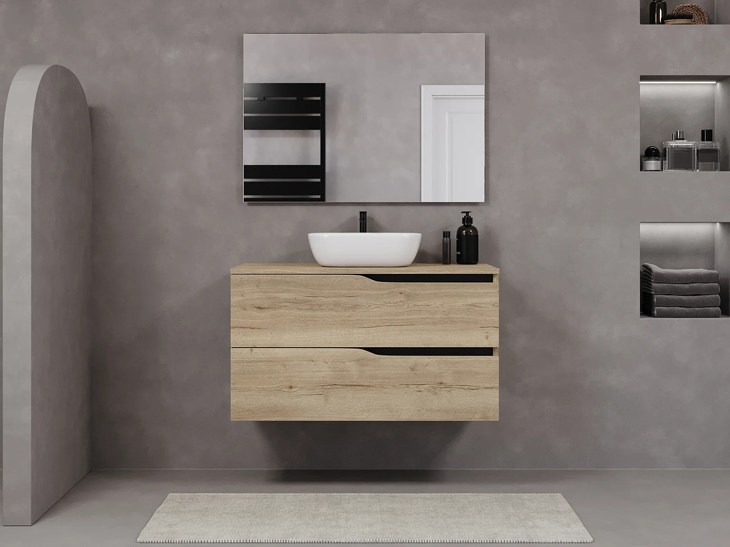 Meuble de salle de bain 90cm avec plateau et vasque à poser zeus - 2 tiroirs - madera miel (chêne clair) - LUNA