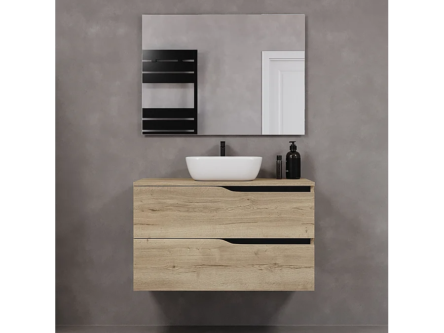 Meuble de salle de bain 90cm avec plateau et vasque à poser zeus - 2 tiroirs - madera miel (chêne clair) - LUNA