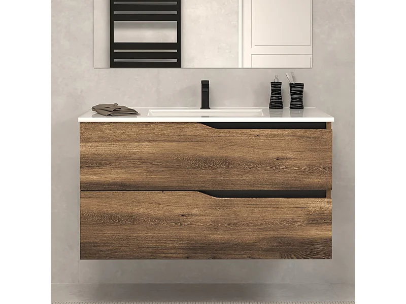 Meuble de salle de bain 100cm simple vasque - sans miroir - 2 tiroirs - tabaco (bois foncé) - LUNA