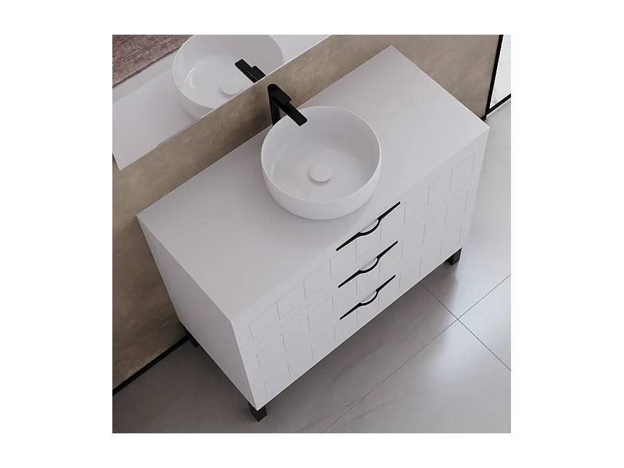 Meuble de salle de bain 100cm avec plateau et vasque à poser ronde - 3 tiroirs - sans miroir - blanc - CALA