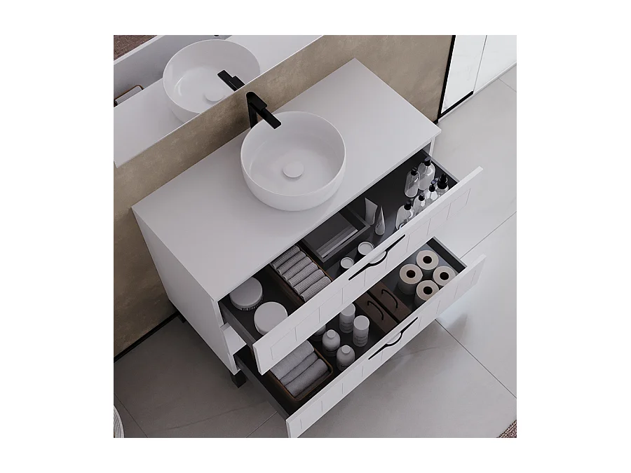 Meuble de salle de bain 100cm avec plateau et vasque à poser ronde - 3 tiroirs - sans miroir - blanc - CALA