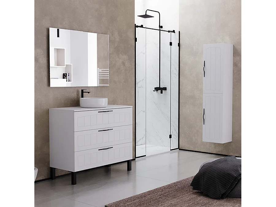 Meuble de salle de bain 100cm avec plateau et vasque à poser ronde - 3 tiroirs - sans miroir - blanc - CALA