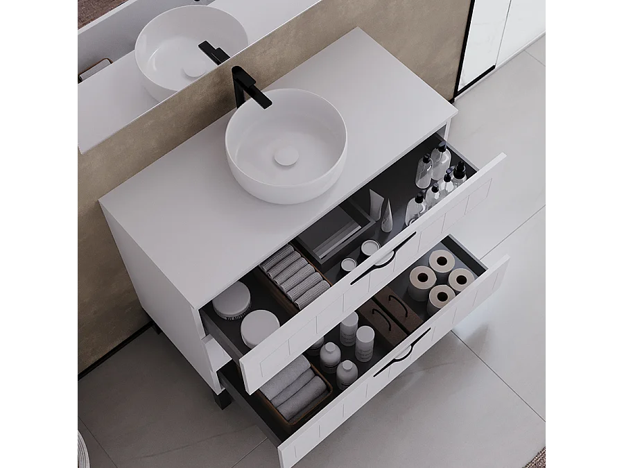 Meuble de salle de bain 100cm avec plateau et vasque à poser ronde - 3 tiroirs - sans miroir - blanc - CALA