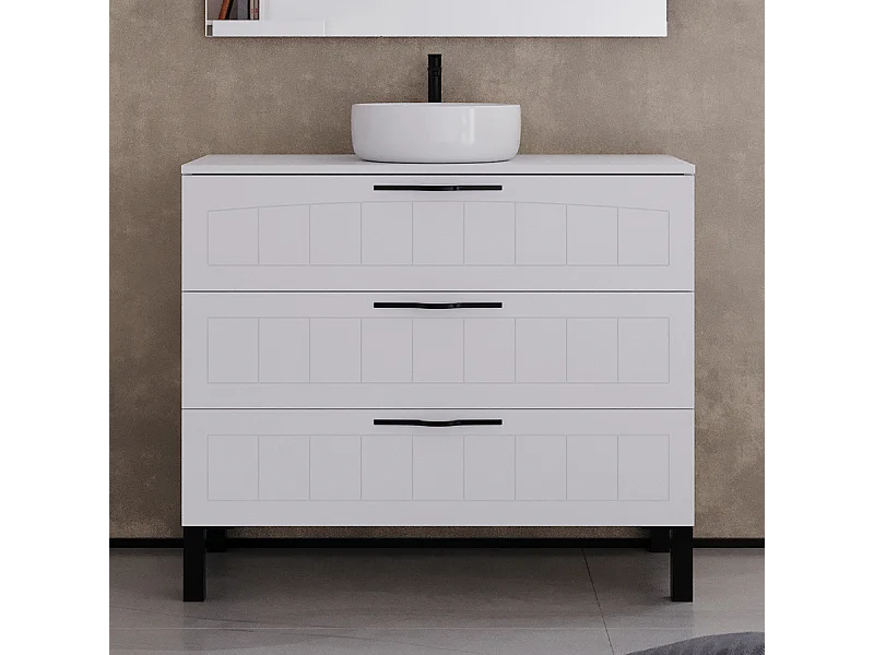 Meuble de salle de bain 100cm avec plateau et vasque à poser ronde - 3 tiroirs - sans miroir - blanc - CALA