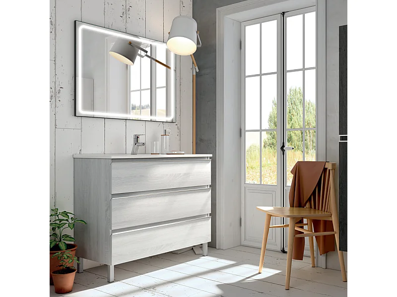 Meuble de salle de bain simple vasque - 3 tiroirs - PALMA et miroir Led VELDI - hibernian (bois blanchi) - 60cm