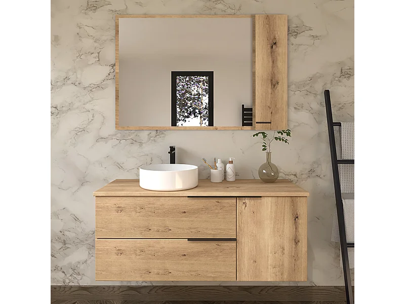 Meuble de salle de bain 100cm avec vasque à poser ronde - 2 tiroirs - roble (chêne clair) - KING