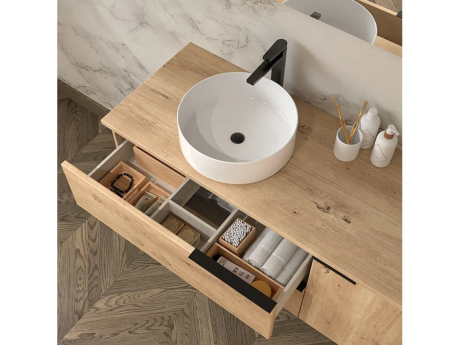 Meuble de salle de bain 100cm avec vasque à poser ronde - 2 tiroirs - roble (chêne clair) - KING