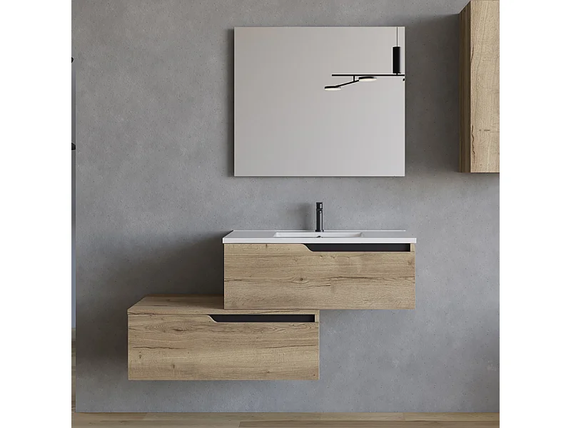 Meuble de salle de bain 120cm avec plan simple vasque - 2 tiroirs - madera miel (chêne clair) - CADIX