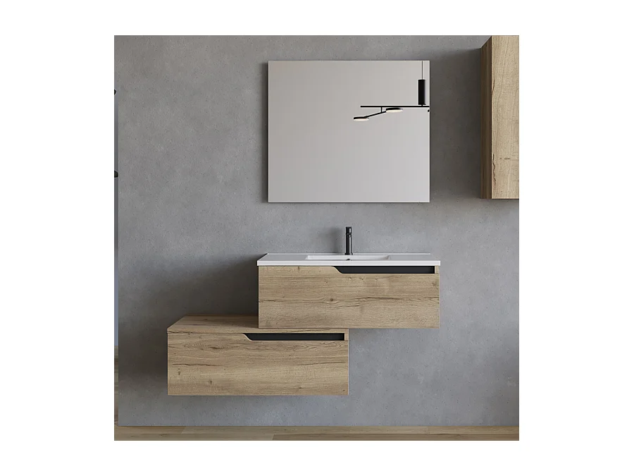 Meuble de salle de bain 120cm avec plan simple vasque - 2 tiroirs - madera miel (chêne clair) - CADIX