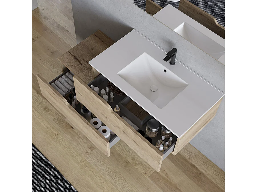 Meuble de salle de bain 120cm avec plan simple vasque - 2 tiroirs - madera miel (chêne clair) - CADIX